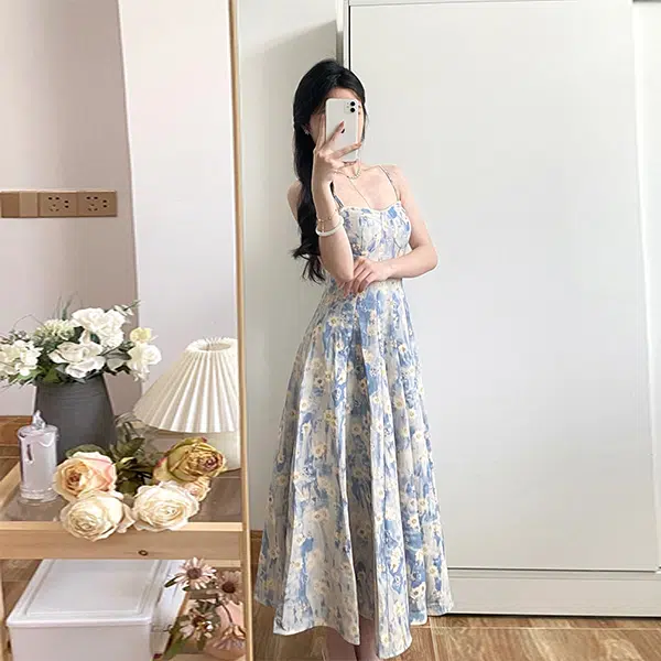 花蔓色 法式油画碎花方领拉链长款中腰吊带无袖连衣裙 女款