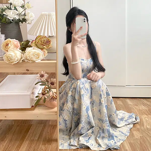 花蔓色 法式油画碎花方领拉链长款中腰吊带无袖连衣裙 女款
