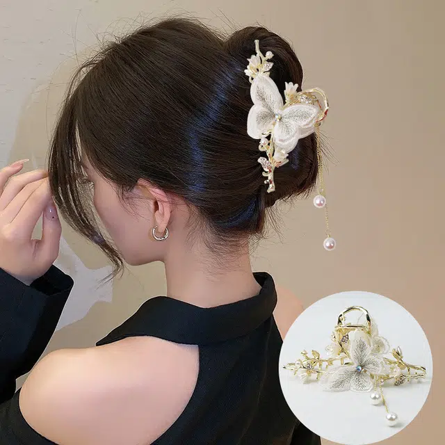 建禄 高级感蕾丝蝴蝶大号简约盘发后脑勺半扎发小清新小众设计优雅气质通勤百搭#好运 合金 发夹 女款