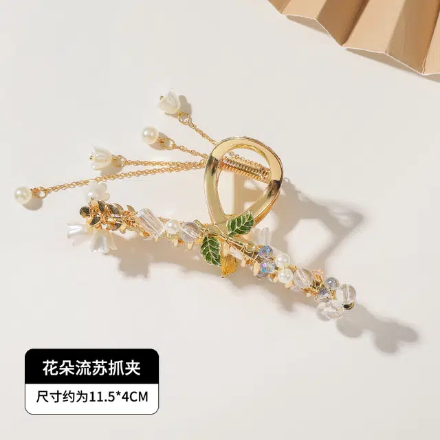 建禄 高级感璀璨绿叶流苏简约小清新小众设计优雅发饰气质通勤百搭 合金 发夹 女款