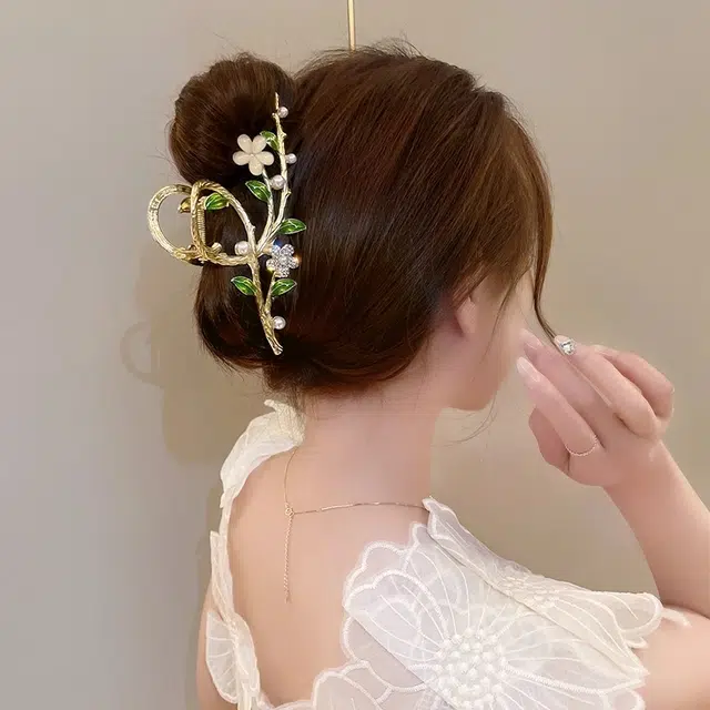 建禄 高级感大号绿叶花朵简约盘发后脑勺半扎发小清新小众设计优雅气质通勤百搭 合金 发夹 女款