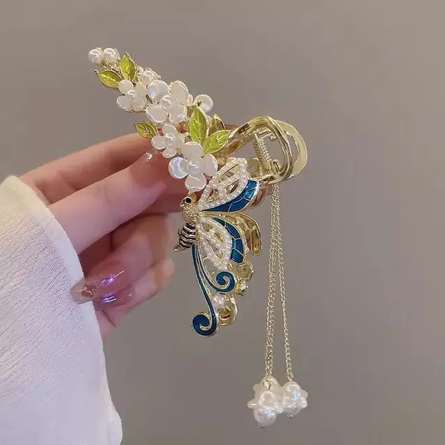 建禄 高级感国风花朵蓝蝴蝶简约抓夹小清新小众鲨鱼夹设计优雅发饰气质通勤百搭#好运 合金 发夹 女款