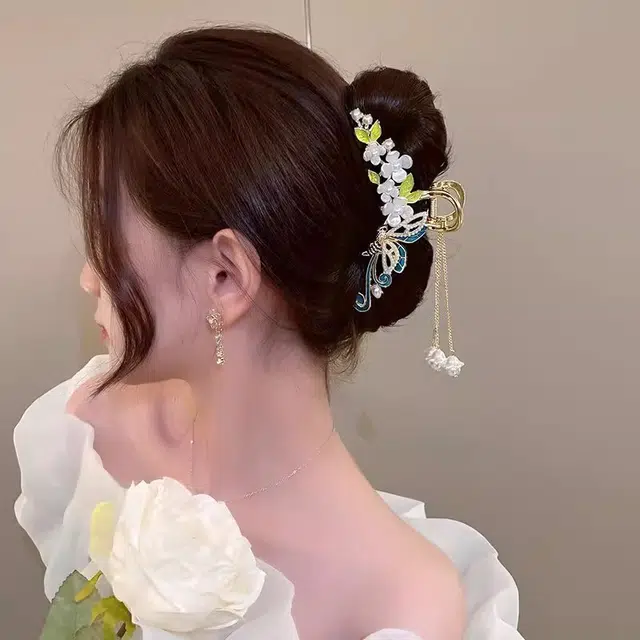 建禄 高级感国风花朵蓝蝴蝶简约抓夹小清新小众鲨鱼夹设计优雅发饰气质通勤百搭#好运 合金 发夹 女款