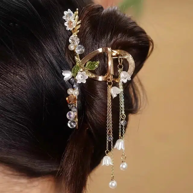 建禄 高级感璀璨绿叶流苏简约小清新小众设计优雅发饰气质通勤百搭 合金 发夹 女款