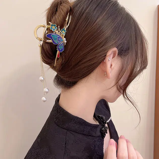 建禄 高级感古风蓝蝴蝶滴釉流苏简约抓小清新小众鲨鱼夹设计优雅发饰气质通勤百搭#好运 合金 发夹 女款
