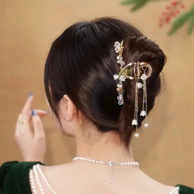 建禄 高级感璀璨绿叶流苏简约小清新小众设计优雅发饰气质通勤百搭 合金 发夹 女款