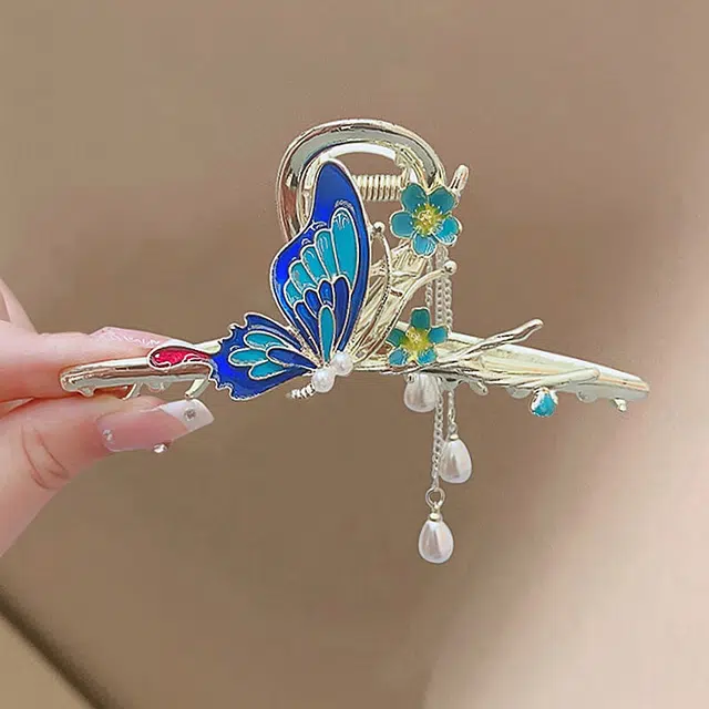 建禄 高级感古风蓝蝴蝶滴釉流苏简约抓小清新小众鲨鱼夹设计优雅发饰气质通勤百搭#好运 合金 发夹 女款