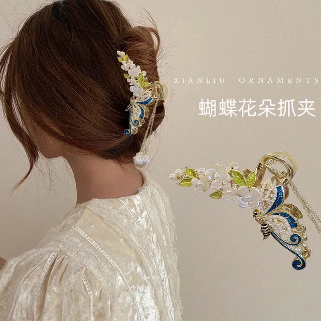 建禄 靛蓝蝴蝶麦穗花朵抓夹发饰鲨鱼日常轻奢通勤简约百搭精致高级感优雅气质#好运 合金 发夹 女款