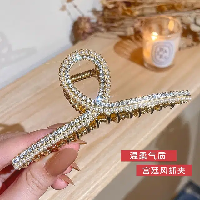 建禄 高级感小珠子交叉大号简约盘发后脑勺半扎发小清新小众设计优雅气质通勤百搭 合金 发夹 女款