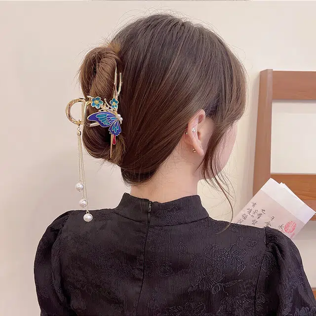 建禄 高级感古风蓝蝴蝶滴釉流苏简约抓小清新小众鲨鱼夹设计优雅发饰气质通勤百搭#好运 合金 发夹 女款
