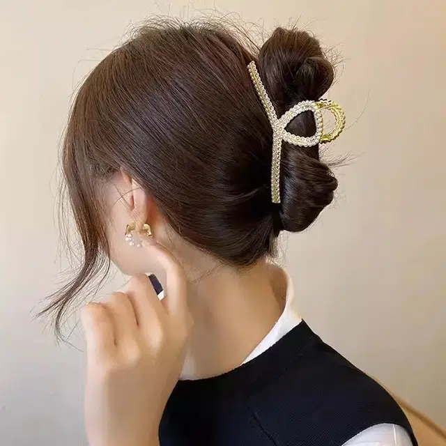 建禄 高级感小珠子交叉大号简约盘发后脑勺半扎发小清新小众设计优雅气质通勤百搭 合金 发夹 女款