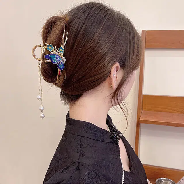 建禄 高级感古风蓝蝴蝶滴釉流苏简约抓小清新小众鲨鱼夹设计优雅发饰气质通勤百搭#好运 合金 发夹 女款
