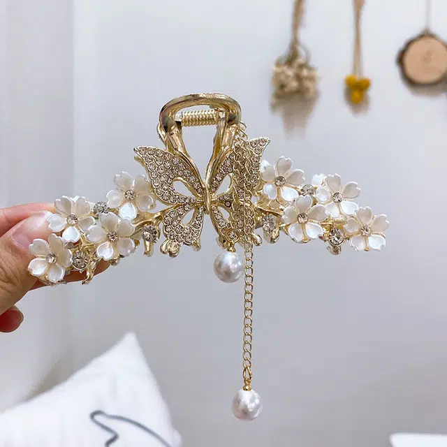 建禄 高级感蝴蝶花朵大号鲨鱼简约盘发后脑勺半扎发小清新小众设计优雅气质上班通勤百搭#好运 合金 发夹 女款