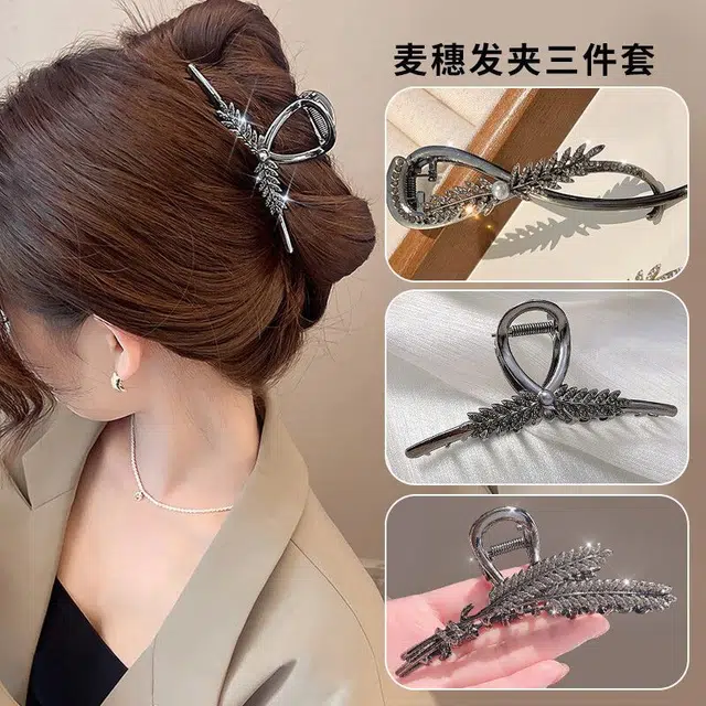 建禄 雅黑发饰三件套麦穗花朵发饰鲨鱼日常轻奢扭夹通勤简约百搭精致高级感优雅气质 合金 发夹 女款