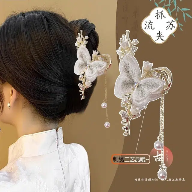 建禄 高级感蕾丝蝴蝶大号简约盘发后脑勺半扎发小清新小众设计优雅气质通勤百搭#好运 合金 发夹 女款