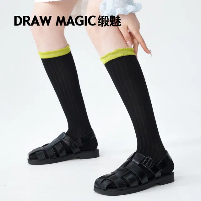 缎魅 复古泡泡口显瘦纯色个性高筒袜 女款