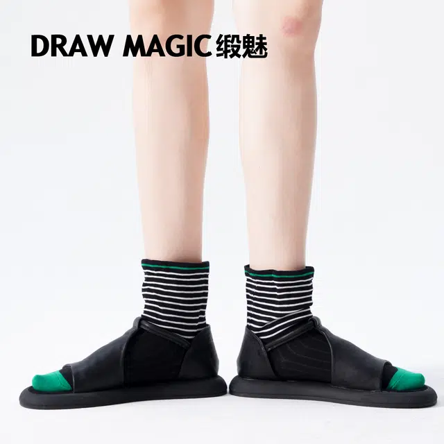 缎魅 宽口条纹设计堆堆袜短筒袜 女款