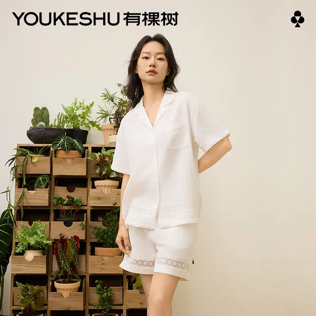 有棵树 不染色蕾丝短袖短裤可外穿柔软亲肤舒适透气时尚简约轻盈优雅水洗不硬家居服睡衣套装 女款 礼袋装