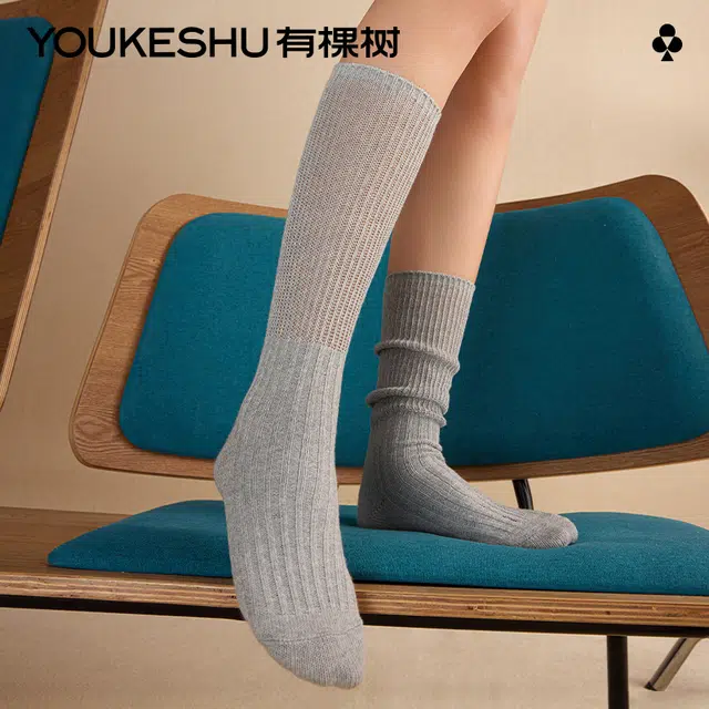 有棵树 【堆堆袜】长筒袜女秋冬针织高筒白色袜子配靴子白色小腿袜中筒袜  女款