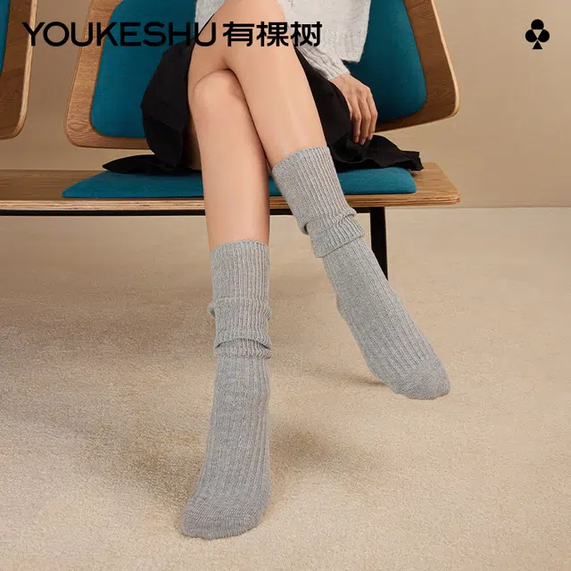 有棵树 【堆堆袜】长筒袜女秋冬针织高筒白色袜子配靴子白色小腿袜中筒袜  女款