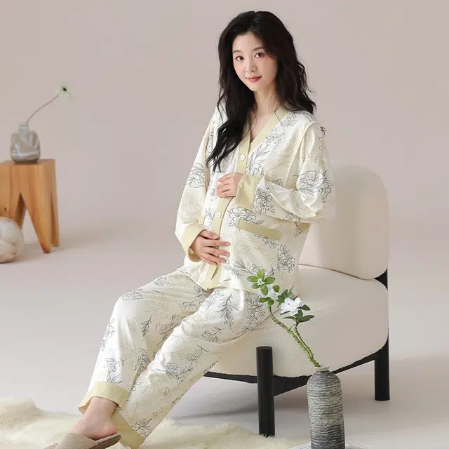莫代尔 春秋清新带杯垫气质一体式月子家居服睡衣套装 女款