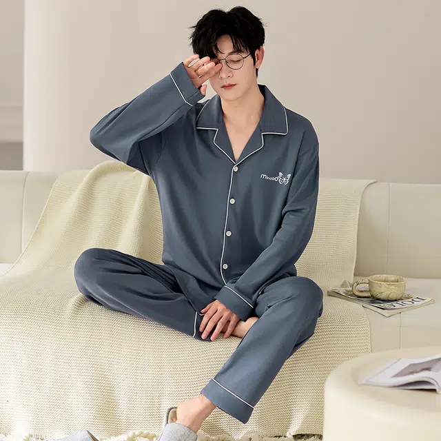 莫代尔 韩版个性耐穿纯棉翻领开衫百搭轻盈透气长袖长裤家居服男士睡衣套装 男款