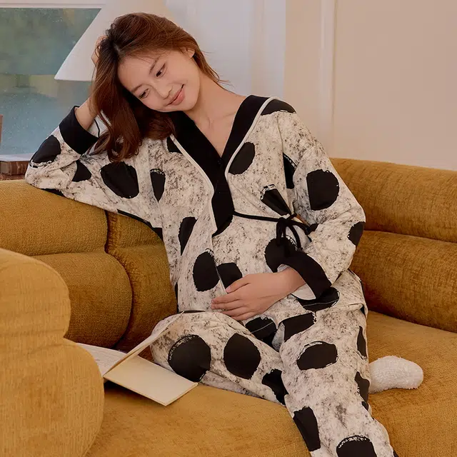 莫代尔 清新春秋气质一体式带杯垫月子家居服睡衣套装 女款