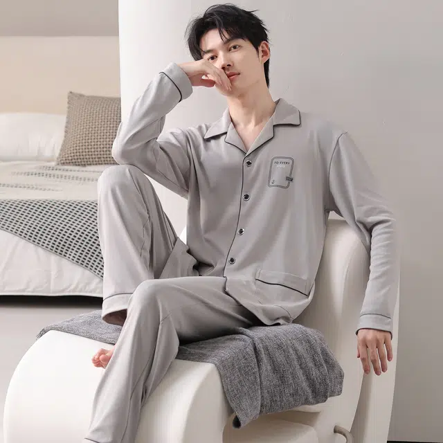 莫代尔 秋冬纯棉亲肤翻领透气舒适柔软家居服睡衣套装 男款
