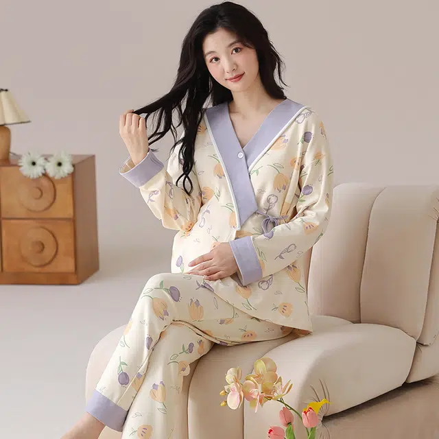 莫代尔 清新春秋一体式气质简约带杯垫月子家居服睡衣套装 女款