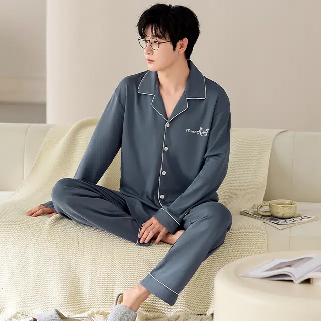 莫代尔 韩版个性耐穿纯棉翻领开衫百搭轻盈透气长袖长裤家居服男士睡衣套装 男款
