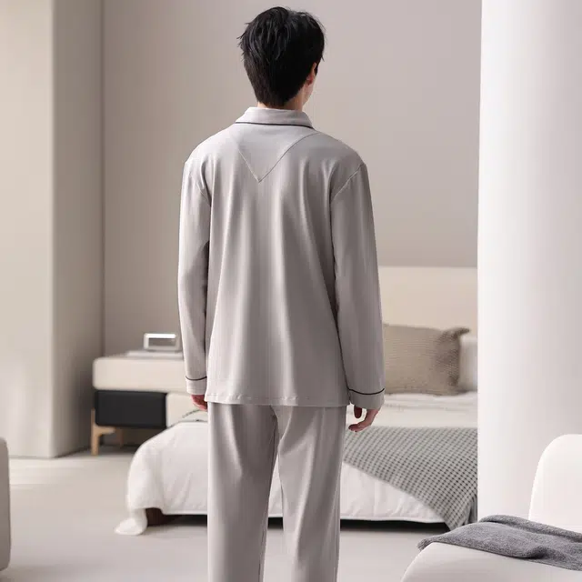 莫代尔 秋冬纯棉亲肤翻领透气舒适柔软家居服睡衣套装 男款