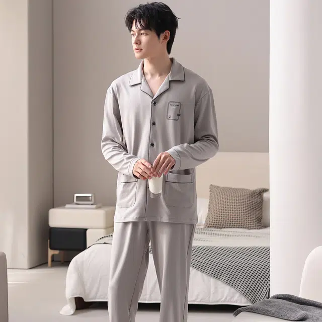 莫代尔 秋冬纯棉亲肤翻领透气舒适柔软家居服睡衣套装 男款