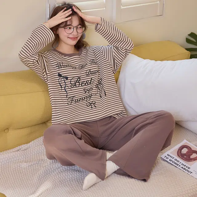 莫代尔 春秋开衫一体式免穿文胸清新气质家居服睡衣套装 女款
