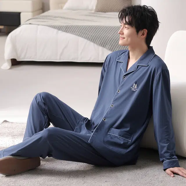 莫代尔 秋冬纯棉亲肤透气舒适翻领家居服睡衣套装 男款