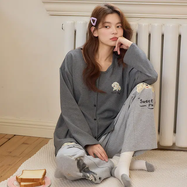 莫代尔 春秋季舒适柔软圆领开衫细腻免穿文胸带胸垫家居服可外穿睡衣套装 女款