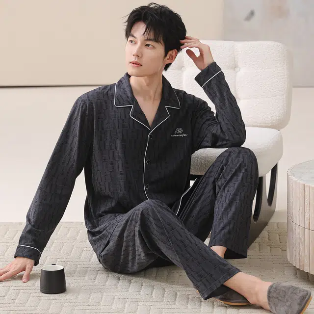 莫代尔 秋冬纯棉亲肤经典开衫透气翻领舒适柔软家居服睡衣套装 男款