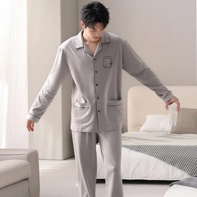 莫代尔 秋冬纯棉亲肤翻领透气舒适柔软家居服睡衣套装 男款