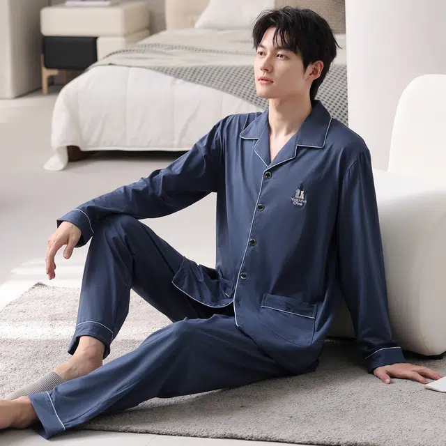 莫代尔 秋冬纯棉亲肤透气舒适翻领家居服睡衣套装 男款