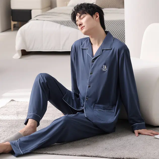 莫代尔 秋冬纯棉亲肤透气舒适翻领家居服睡衣套装 男款