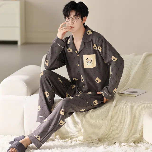 莫代尔 舒适柔软亲肤纯棉翻领开衫个性休闲简约长袖长裤家居服男士睡衣套装 男款