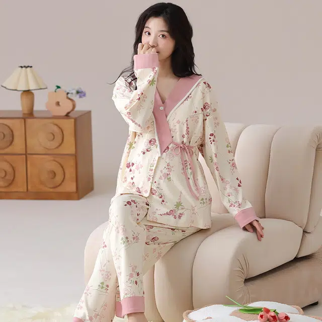 莫代尔 清新春秋一体式带杯垫气质简约月子家居服睡衣套装 女款