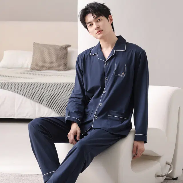 莫代尔 秋冬纯棉亲肤透气舒适家居服睡衣套装 男款