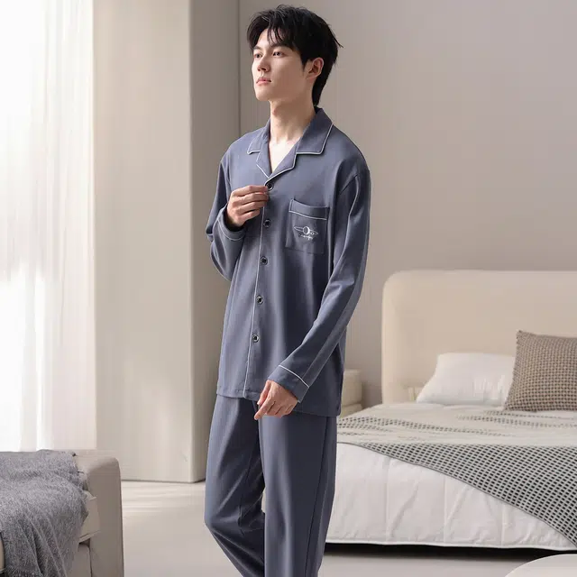 莫代尔 秋冬翻领透气纯棉亲肤舒适柔软开衫家居服睡衣套装 男款