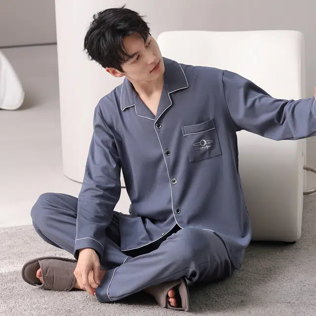 莫代尔 秋冬翻领透气纯棉亲肤舒适柔软开衫家居服睡衣套装 男款