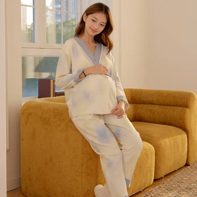 莫代尔 清新春秋气质一体式简约带杯垫月子家居服睡衣套装 女款