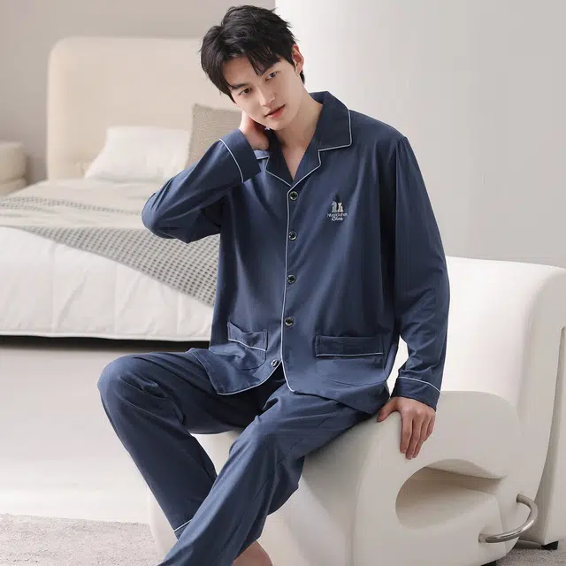 莫代尔 秋冬纯棉亲肤透气舒适翻领家居服睡衣套装 男款