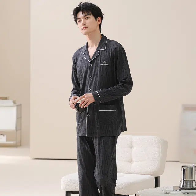 莫代尔 秋冬纯棉亲肤经典开衫透气翻领舒适柔软家居服睡衣套装 男款