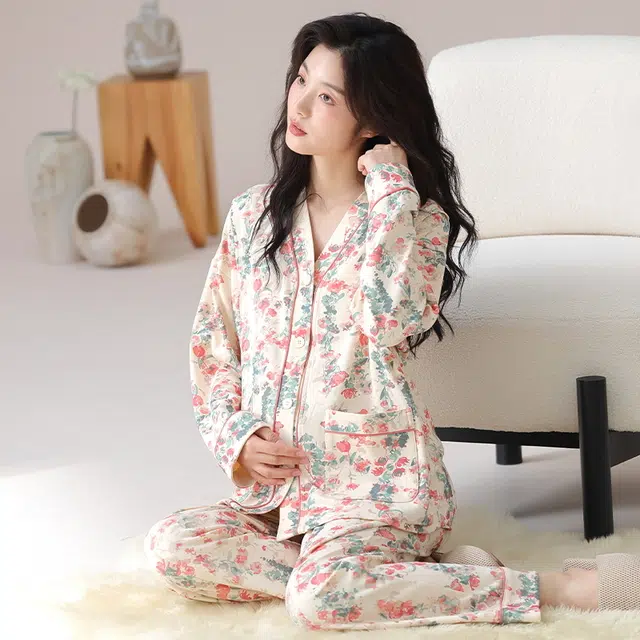 莫代尔 清新春秋一体式带杯垫气质简约花色月子家居服睡衣套装 女款