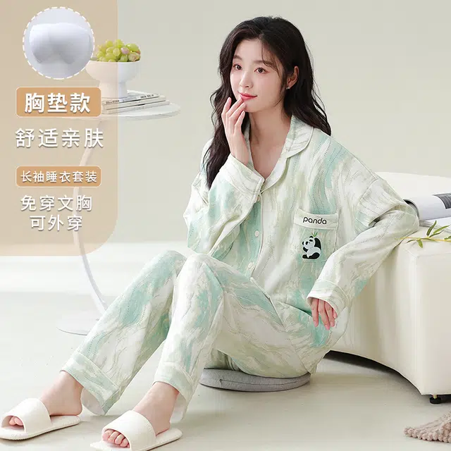 莫代尔 宽松显瘦时尚百搭翻领开衫休闲简约带胸垫防凸点家居服可外穿睡衣套装 女款