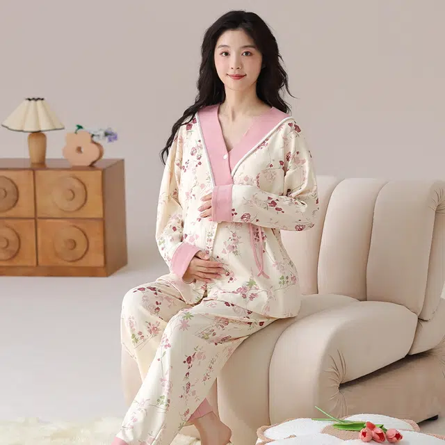 莫代尔 清新春秋一体式带杯垫气质简约月子家居服睡衣套装 女款
